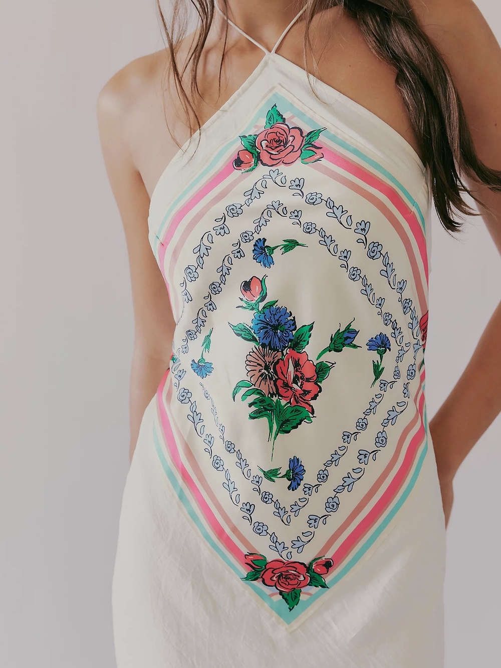 Floral Halter Scarf-Print Slip Dress in Cream